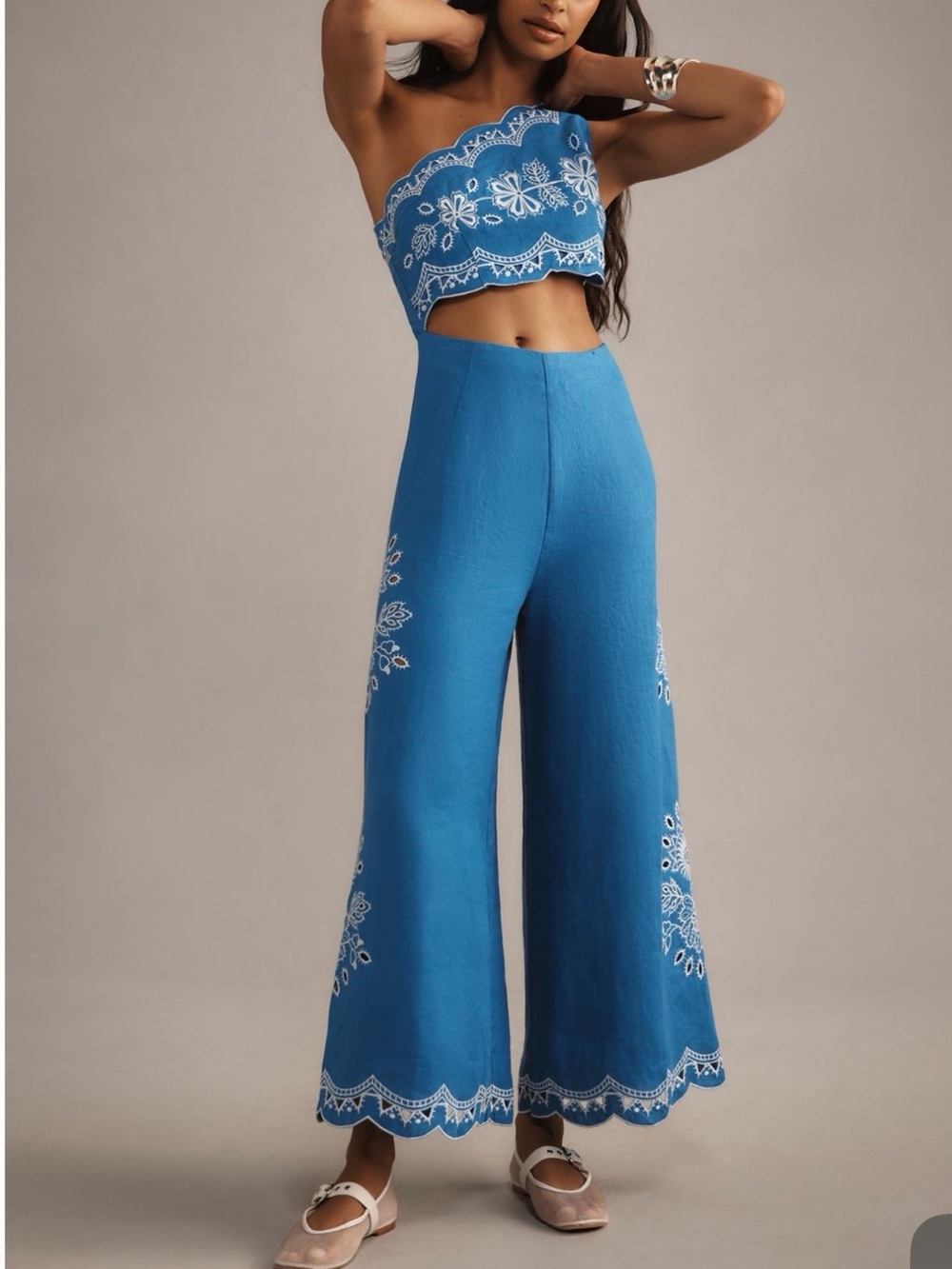 FARM Rio Blue Wide-Leg Embroidered Jumpsuit
